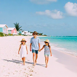 Caribbean Holidays, Bermuda Family Holidays, A happy family walking along a pink-sand beach in Bermuda on a bright June morning, turquoise sea and pastel beach huts