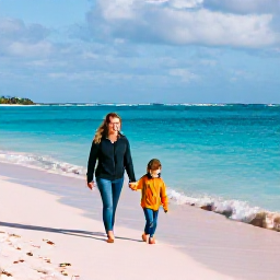 Caribbean Holidays, Bermuda Family Holidays, A happy family walking along a sunny pink-sand beach in Bermuda in December, with turquoise water and soft winter light