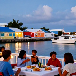 Caribbean Holidays, Bermuda Family Holidays, A relaxed Bermuda family evening at a waterfront restaurant, with colourful buildings, local food and boats in the harbour