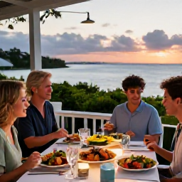Caribbean Holidays, Bermuda Family Holidays, A relaxed family dinner at an outdoor restaurant in Bermuda, featuring fresh seafood, colourful salads and a sunset view
