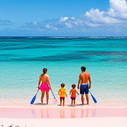 Caribbean Holidays, Bermuda Family Holidays, A sunny family beach scene in Bermuda with clear turquoise water, pink sand, parents and children paddling safely near the shore