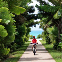Caribbean Holidays, Bermuda Family Holidays, Family cycling along a quiet Bermuda rail trail through green woodland with glimpses of the coast