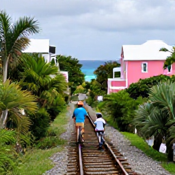 Caribbean Holidays, Bermuda Family Holidays, Family cycling along a scenic Bermuda railway trail with lush greenery, pastel houses and the sea in the distance