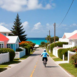 Caribbean Holidays, Bermuda Family Holidays, Family cycling on a quiet scenic road beside Bermuda's turquoise coastline, lush vegetation and pastel houses