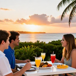 Caribbean Holidays, Bermuda Family Holidays, Family dining outdoors at a relaxed Bermuda restaurant at sunset, with fresh seafood, colourful drinks and island scenery