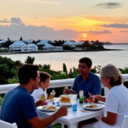Caribbean Holidays, Bermuda Family Holidays, Family enjoying a relaxed outdoor meal at a Bermuda restaurant at sunset, with island buildings and harbour views
