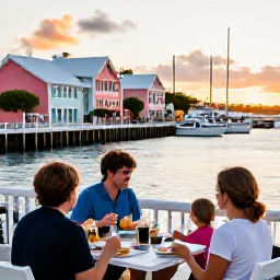 Caribbean Holidays, Bermuda Family Holidays, Family enjoying a relaxed outdoor meal at a waterside restaurant in Bermuda at sunset, pastel buildings and boats in the harbour