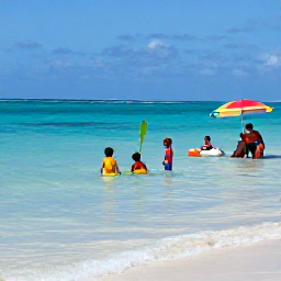 Caribbean Holidays, Bermuda Family Holidays, Family relaxing on Horseshoe Bay beach in Bermuda, children paddling in clear shallow water and parents under a colourful beach umbrella