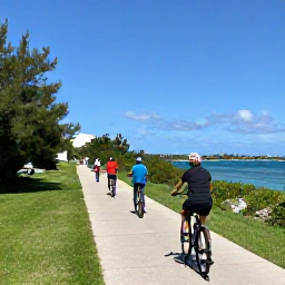 Caribbean Holidays, Bermuda Family Holidays, Family riding bicycles along a peaceful coastal path in Bermuda during spring sunshine