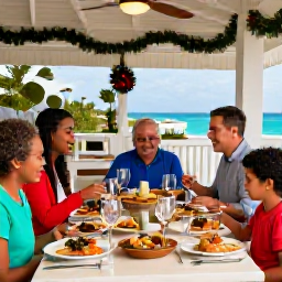 Caribbean Holidays, Bermuda Family Holidays, Family sharing a relaxed festive meal at a Bermuda restaurant, with island-style food and tasteful Christmas decorations