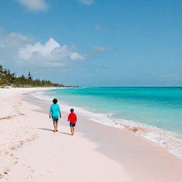 Caribbean Holidays, Bermuda Family Holidays, Family walking along a pink-sand beach in Bermuda on a bright April morning
