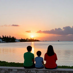 Caribbean Holidays, Bermuda Family Holidays, Family watching a colourful Bermuda sunset from a waterfront viewpoint, with calm sea and pastel evening sky
