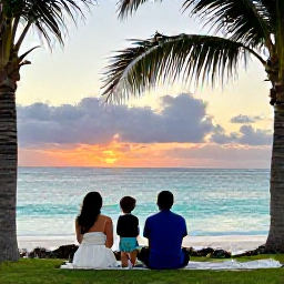 Caribbean Holidays, Bermuda Family Holidays, Family watching the sunset over Bermuda&rsquo;s turquoise coastline, palm trees and soft evening light