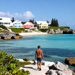 Caribbean Holidays, Bermuda February Beaches, Traveller walking along Bermuda's scenic coastline in February, overlooking clear blue sea, rocky coves and pastel-coloured houses