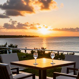 Caribbean Holidays, Bermuda February Breaks, Bermuda sunset over the ocean viewed from a romantic adults-only resort terrace, two glasses on a table