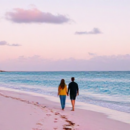 Caribbean Holidays, Bermuda February Breaks, Couple walking along Bermuda's pink sand beach beneath soft winter sunshine, calm blue sea and pastel sky
