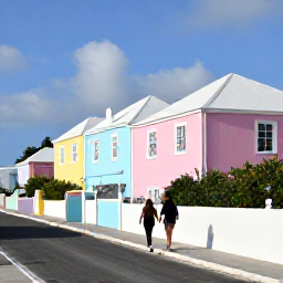 Caribbean Holidays, Bermuda February Breaks, Couple walking beside Bermuda's pastel-coloured houses and tidy coastal road on a bright February day