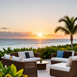 Caribbean Holidays, Bermuda February Breaks, Elegant adults-only Bermuda resort terrace overlooking the Atlantic Ocean at sunset, with comfortable seating and tropical plants