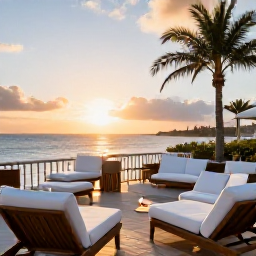 Caribbean Holidays, Bermuda February Breaks, Elegant adults-only hotel terrace in Bermuda with ocean views, cocktails and comfortable loungers at sunset