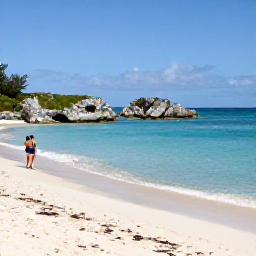 Caribbean Holidays, Bermuda February Breaks, Quiet pink-sand beach near Hamilton, Bermuda, with turquoise water, limestone rocks and a couple enjoying a February afternoon
