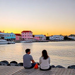 Caribbean Holidays, Bermuda February Breaks, Relaxed couple taking in a sunset harbour view from Hamilton, Bermuda, with pastel architecture and calm water in February