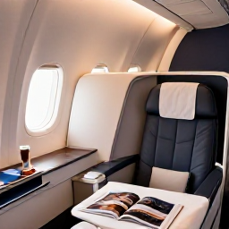 Caribbean Holidays, Bermuda February Flights, Business-class passenger relaxing in a modern aircraft seat, warm cabin lighting, travel magazine and drink, elegant and comfortable atmosphere
