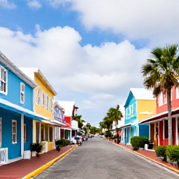 Caribbean Holidays, Bermuda February Flights, Colourful streets of Hamilton, Bermuda, pastel buildings, neat pavements, small shops, palm trees and visitors exploring