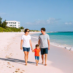 Caribbean Holidays, Bermuda February Holidays, A cheerful family walking along a quiet pink-sand beach in Bermuda in bright February sunshine