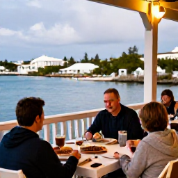 Caribbean Holidays, Bermuda February Holidays, A family enjoying a relaxed outdoor meal at a waterfront restaurant in Bermuda during a mild February evening
