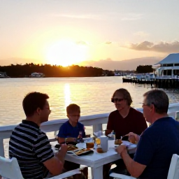 Caribbean Holidays, Bermuda February Holidays, A family sharing a relaxed meal at a waterfront restaurant in Bermuda at sunset