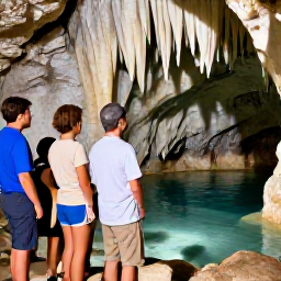 Caribbean Holidays, Bermuda February Holidays, A family visiting the Crystal Cave in Bermuda, viewing clear underground pools and dramatic stalactites with a guide