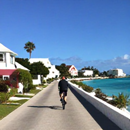 Caribbean Holidays, Bermuda February Holidays, A traveller cycling on a quiet Bermuda lane beside turquoise water, pastel houses and winter greenery under a clear February sky