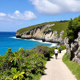 Caribbean Holidays, Bermuda February Holidays, Bermuda coastal walking trail in February, with rugged cliffs, turquoise sea, green vegetation and a couple enjoying a scenic walk