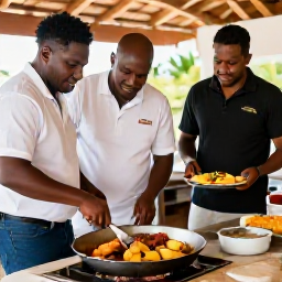 Caribbean Holidays, Bermuda February Holidays, Bermudian food being prepared in a traditional kitchen, including codfish and potatoes, with friendly local cooks
