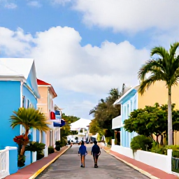 Caribbean Holidays, Bermuda February Holidays, Colourful Bermuda streets in February with pastel cottages, tropical plants and local people walking through a historic town