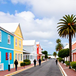 Caribbean Holidays, Bermuda February Holidays, Colourful Hamilton street in Bermuda in February, with pastel buildings, historic architecture, palm trees and visitors exploring on foot