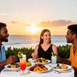 Caribbean Holidays, Bermuda February Holidays, Elegant Bermuda resort dining terrace at sunset, with fresh seafood, colourful salads, tropical drinks and guests enjoying an all-inclusive meal