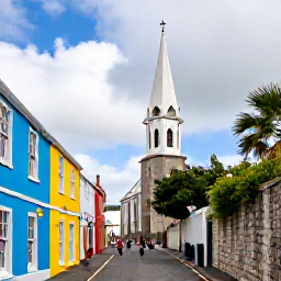 Caribbean Holidays, Bermuda February Holidays, Historic streets of St George's Bermuda with colourful buildings, a church, stone walls and visitors exploring on foot