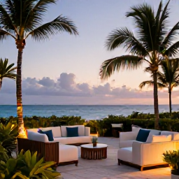 Caribbean Holidays, Bermuda February Holidays, Peaceful Bermuda resort terrace at dusk in February, with comfortable seating, soft lights, palm trees and the ocean beyond