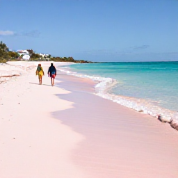 Caribbean Holidays, Bermuda February Holidays, Visitors walking along a peaceful pink-sand beach in Bermuda on a bright February day, with clear water and pastel scenery