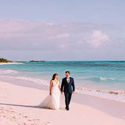 Caribbean Holidays, Bermuda February Honeymoons, A newlywed couple walking hand in hand along a quiet pink-sand beach in Bermuda in warm February sunshine, pastel Atlantic scenery