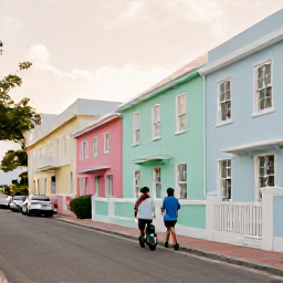 Caribbean Holidays, Bermuda February Honeymoons, Couple exploring colourful Bermuda streets with pastel houses, scooters and historic architecture in soft afternoon light