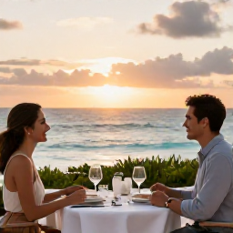 Caribbean Holidays, Bermuda February Honeymoons, Elegant Bermuda restaurant terrace overlooking the sea, with a couple enjoying a romantic February dinner at sunset