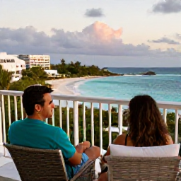 Caribbean Holidays, Bermuda February Honeymoons, Romantic Bermuda hotel balcony overlooking the Atlantic at dusk, with a couple relaxing after a day of island sightseeing