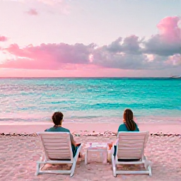 Caribbean Holidays, Bermuda February Honeymoons, Romantic pink-sand beach in Bermuda with two sun loungers, turquoise water and a couple watching the sunset