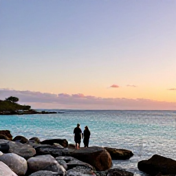 Caribbean Holidays, Bermuda February Nature, A couple enjoying a calm February sunset beside Bermuda&rsquo;s rocky coastline, with pastel sky and turquoise water