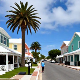 Caribbean Holidays, Bermuda February Tours, A friendly local guide leading a small group through Bermuda&rsquo;s colourful streets, with a caf&eacute; and palm trees nearby