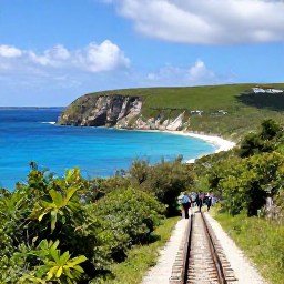 Caribbean Holidays, Bermuda February Tours, Bermuda railway trail beside dramatic coastline, with hikers among greenery and views across clear blue water