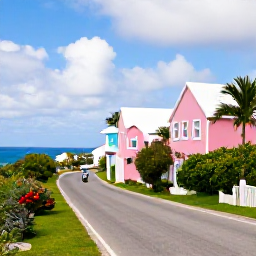 Caribbean Holidays, Bermuda February Tours, Scenic coastal road in Bermuda with pastel houses, lush gardens and a small scooter travelling beside the sea