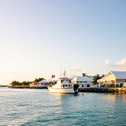 Caribbean Holidays, Bermuda Fishing, A bright Bermuda harbour at sunrise with a small fishing charter boat, turquoise water and pastel buildings